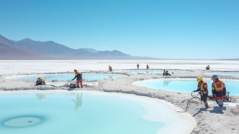 Workers managing lithium brine evaporation ponds in arid salt flat landscape