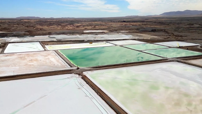 Aerial view of lithium brine evaporation ponds and processing facility