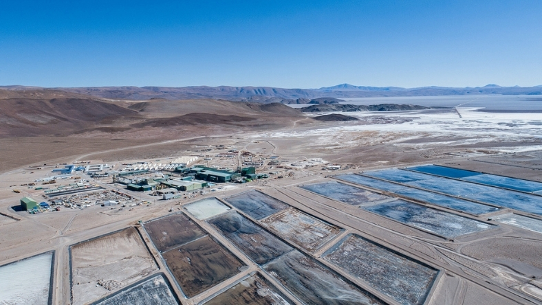 Aerial view of lithium extraction ponds and processing plant