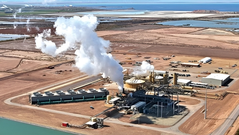 Geothermal plant with steam vents and industrial processing units
