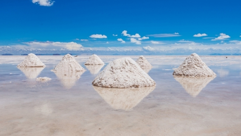Salt mounds on reflective brine flats under blue sky