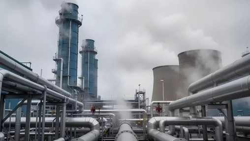 Industrial processing plant with blue steel towers, steam-emitting cooling structures, and large pipework